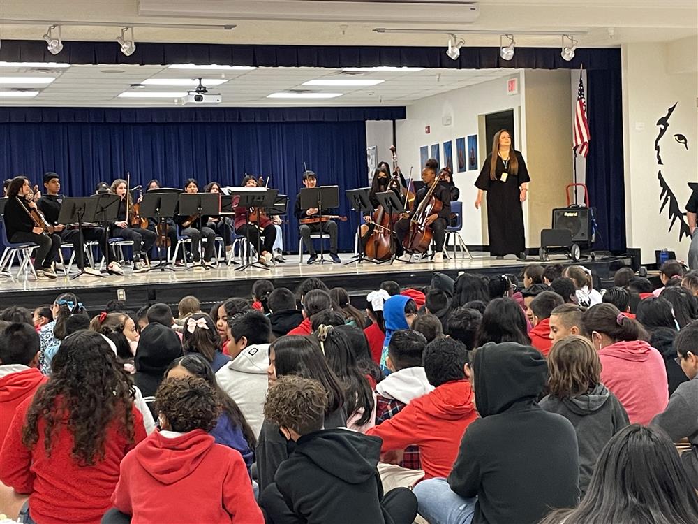 Willis Junior High visits Galveston fifth and sixth graders for an assembly.